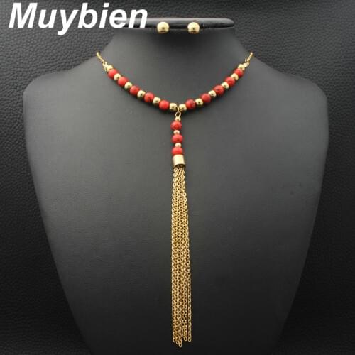 Muybien New design Simple Stainless Steel gold color Necklace and Earrings Jewelry sets For Women SEUJAHBE