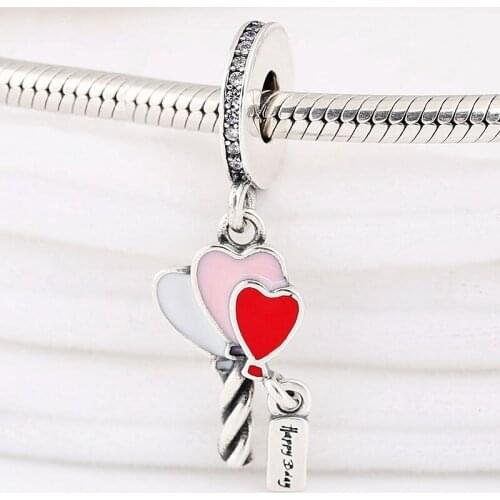Original Red Pink White Heart Balloons With Happy bday Pendant Bead Fit 925 Sterling Silver Charm Bracelet Diy Jewelry