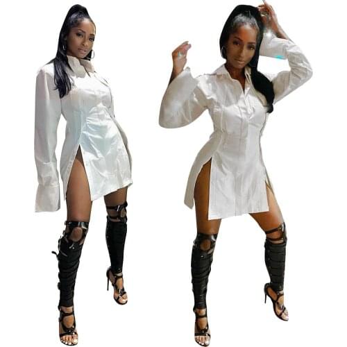 Autumn Women Shirt Dress Side Split Full Sleeve Streetwear Mini Dress Clothes For Women Outfit