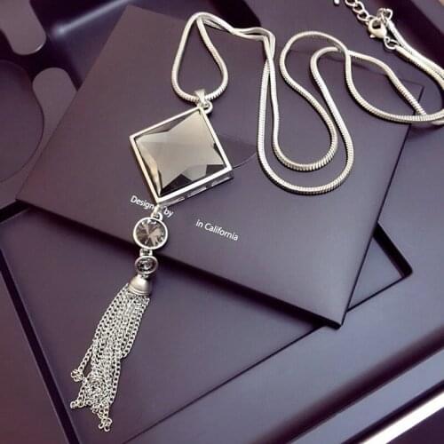 Fashion Women Lady Big Rhinestone Crystal Square Pendant Long Chain Tassel Sweater Necklace Party Drop Necklace Jewelry Kpop