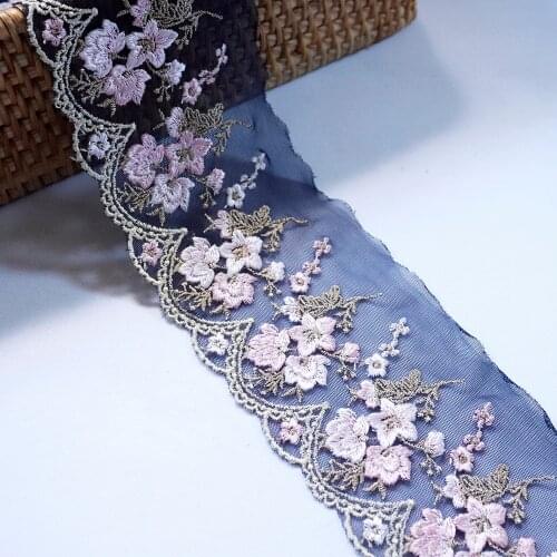 2Yards 10cm Wide Handmade pink Flowers Embroidery Lace Trim dark blue Mesh Wedding Hair Bow Clothes DIY Craft Lace Fabric Sewing