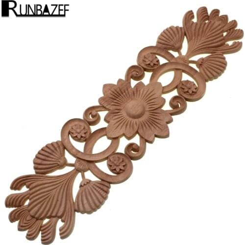 RUNBAZEF New Flower Carving Natural Wood Appliques For Furniture Cabinet Unpainted Wooden Mouldings Decal Decorative Figurine