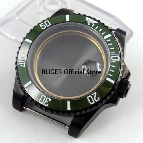 Sapphire Glass 40mm Green Ceramic Bezel Solid Black PVD Coated Watch Case Fit For ETA 2836 MIYOTA 8215 8205 Movement C1-F