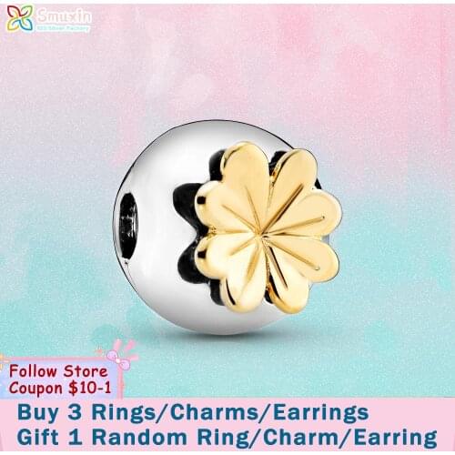 Smuxin 925 Sterling Silver Bead Shining Clover Clip Charms fit Original Pandora Bracelets for Women Jewelry Making Birthday Gift