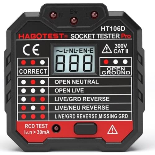 Habotest HT106B HT106D HT106E Socket Tester Voltage Test Socket Detector EU Plug Ground Zero Line Plug Polarity Phase Check