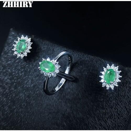ZHHIRY Natural Emerald Jewelry Set Solid 925 Sterling Silver Woman Stone Ring Earrings Precious Gem Birthstone Fine Jewelry
