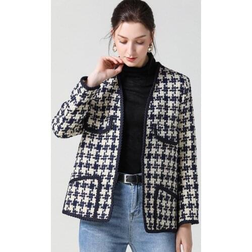 Plaid Tweed Jackets Women Vintage Elegant V-Neck Loose Houndstooth Wool Jacket Coats Autumn Winter French Outwear Runway B381