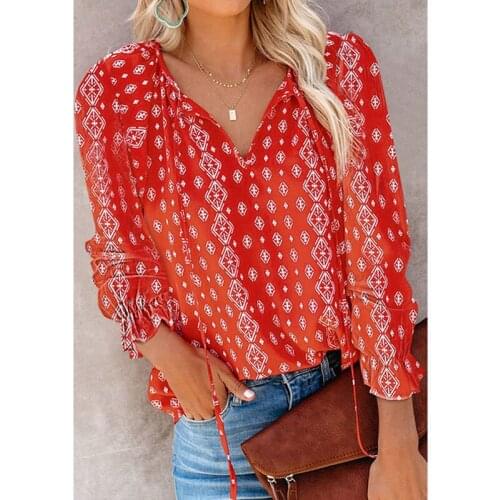 CINESSD Floral Print Women Casual Blouses V Neck Drawstring Flare Long Sleeves Pullover Office Lady Summer Autumn Tunic Blouse