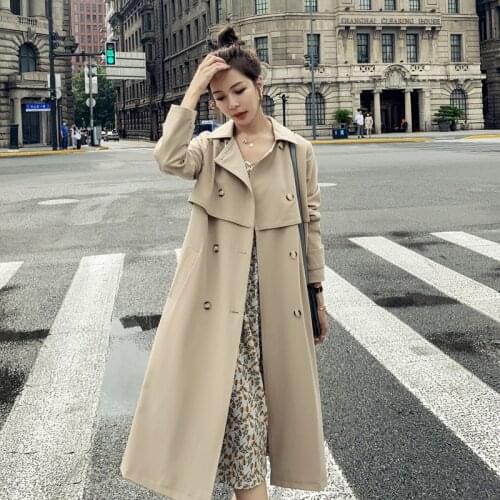 2020 New Long Windbreaker Womens Lapel Double-Breasted Solid Color Casual Jacket Belt Pocket Autumn And Winter Women Clothing