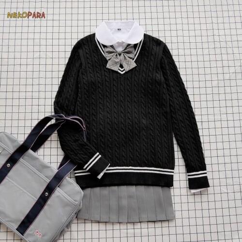 Womens Black Knitted Sweater Japanese Student Uniform JK Pullovers Deep V-neck Winter Retro Sweaters