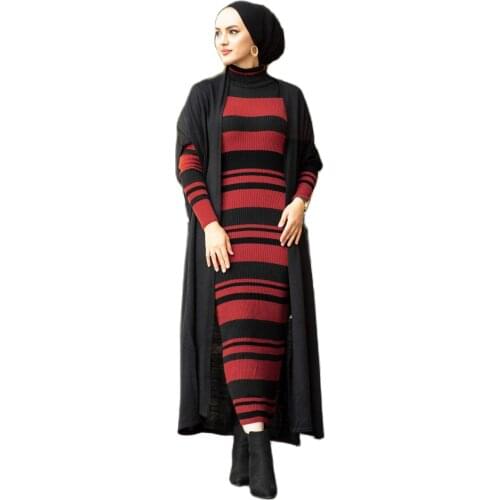 2 Piece Stripe Pattern Knitted Muslim Set Maxi Dress and Cardigan Abaya Hijab Dress Muslim Dress Woman Turkey Dubai Aid Suit