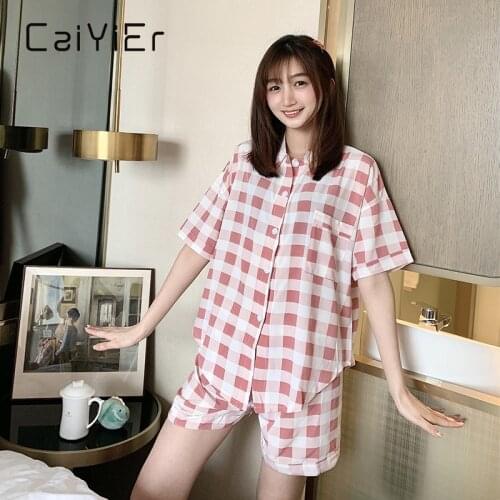 CAIYIER Summer Women Pajamas Suit Cute Plaid Leisure Sleepwear Short Sleeve Shorts Turn-down Collar Thin Girl Nightgown Homewear