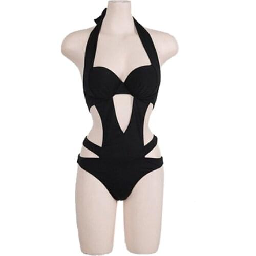 VSUE Women Swimwear Swimsuit One Piece Suits Deep V Neck Solid Hollow Out Lace Black Halter Y0010