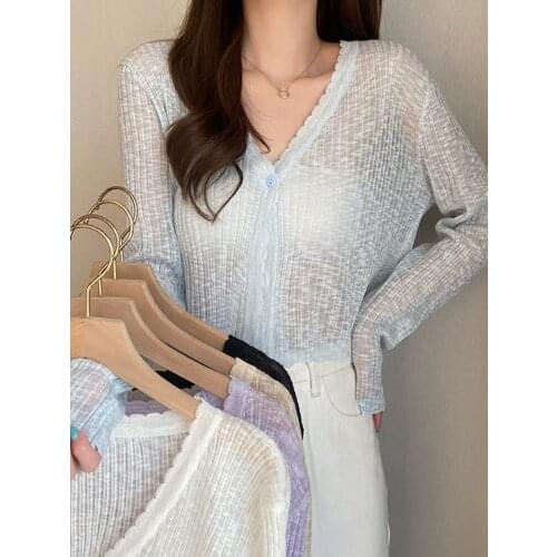 Womens Knitting Cardigan V-neck Thin Transparent Single Button Long Sleeve Ice Silk Short Top Wholesale New Female Clothing