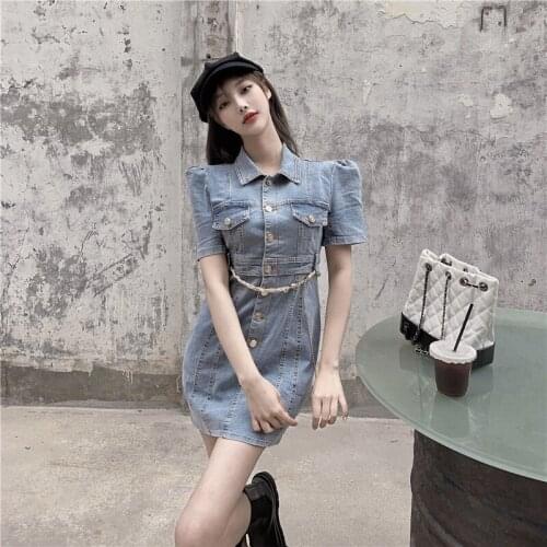 Women Denim Dress New Fried Street Summer Womens Denim Dresses Casual Single-Breasted 2021 Ladies Vintage Jeans Dress Fashion
