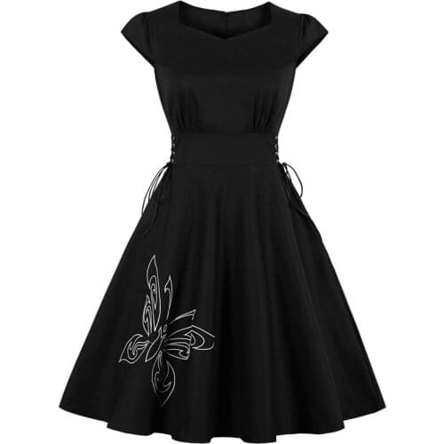 European American Retro Vestidos Mujer Hepburn Style Waist Female Summer Slim Dresses Butterfly Embroidery Black Dress 2020 Z505