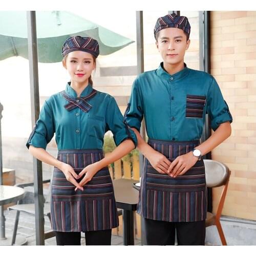 2019 Full Sets Restaurant Waiter Uniform Hat+Shirt+Apron Coffee Shop Waitress Uniform Men Cook Clothing Hotel Bakery Work Wear
