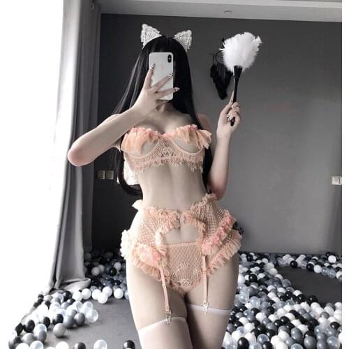 2020 Sexy Erotic Pink Lace Bra Set Design Maid Cosplay Costumes Slimming Sleepwear Cute Open Crotch G-string Doggy For Women