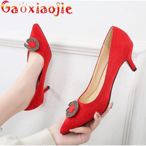 2021 Spring And Autumn New 5CM Women Pumps High Grade Flock Fashion Glistening Water Drill Buckle Pointed Toe High-Heel Shoes