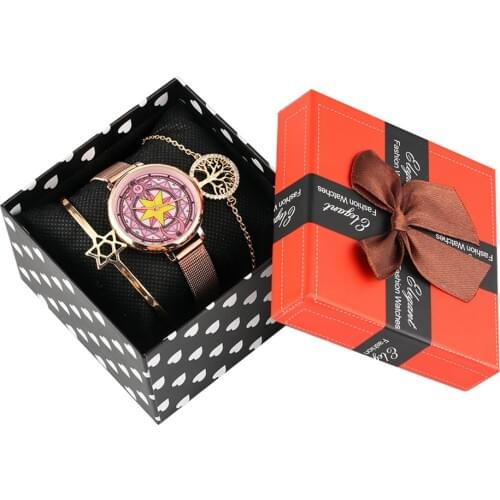 4Pcs/Set Exquisite Watch Bracelet Set Pentagram Moon Mesh band Quartz Wristwatch Charm Brangle Links Ladies Watch Jewelry Gifts