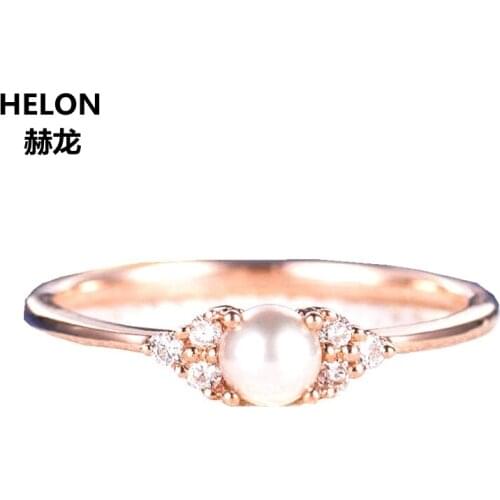 Solid 14k Rose Gold Natural Diamonds Engagement Wedding Ring 4mm Round Freshwater Pearl Party Anniversary Fine Jewelry