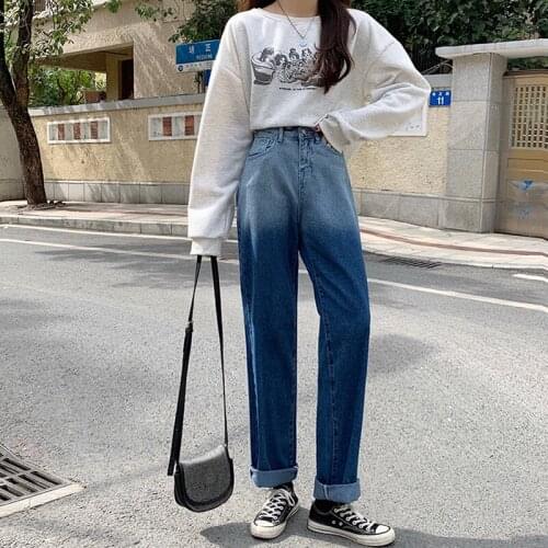 Spring New Women Jeans Gradient Color Jeans Vintage Washed Fashion Streetwear Jeans Loose High Waist Wide Leg Denim Trousers