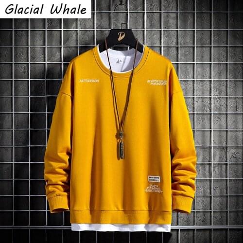 GlacialWhale Oversized Crewneck Sweatshirt Men 2021 New Patchwork Hip Hop Japanese Streetwear Yellow Hoodie Men Sweatshirts Male