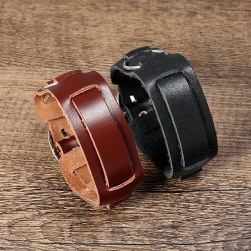 Jessingshow Vintage Genuine Leather Bracelet 26mm Wide Adjustable Simple Fashion Cuff Bangle Jewelry Punk Men Layer Bracelets