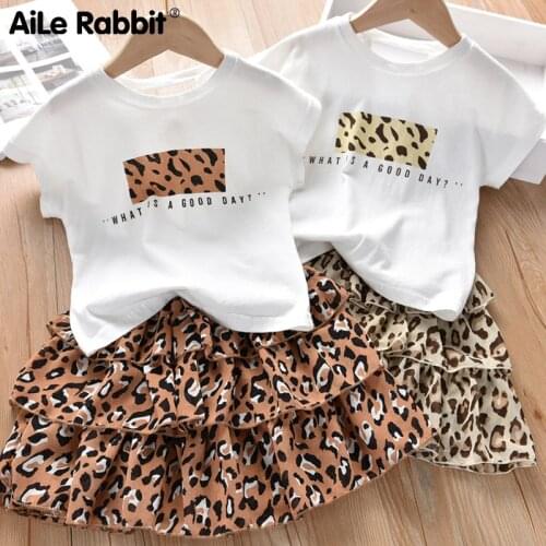 Girls Clothes Set 2019 Summer White Shirt + Leopard Cake Skirt 2 Pieces Necklace Sets Kid Basic Casula Cotton Clothing Suit