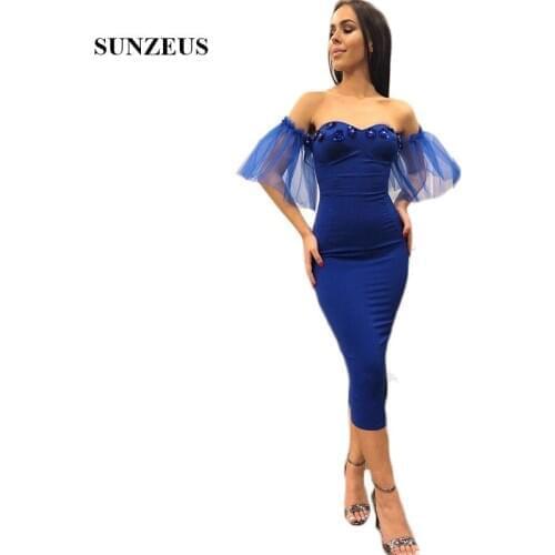 Royal Blue Satin Tea-Length Evening Dresses Sweetheart Shiny Sequins Beaded Short Evening Party Dresses vestido de noche SE16