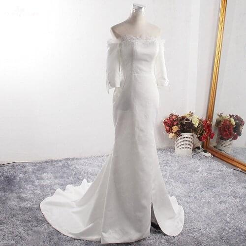 LZ347 Soft Satin Simple Wedding Dress Open Leg Slit Boat Neck Mermaid Dress