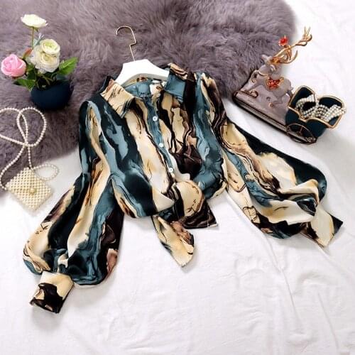 Fashion Prints Women Chiffon Shirt Top Spring Summer Lantern Sleeve Chic Chiffon Blouse TN107