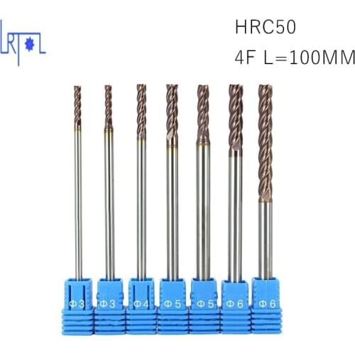 7PCS SET HRC50 D3 4 5 6*L100mm 4 Flutes extra long Tungsten Carbide flat square End Mill Set CNC Tool milling cutter of machine