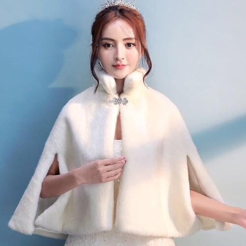 Women Ivory Faux Fur Wedding Bridal Cloak Winter Warm Evening Party Cape Bridesmaid Prom Bolero Jacket Mandarin Collar Coat