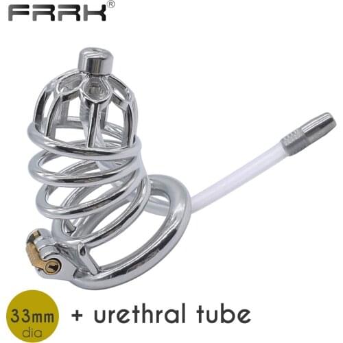 FRRK Steel Chastity Cage with Urethral Male Bondage Belt Device Metal Penis Lock Cock Rings Sissy Kali Adults Sex Toys for Men