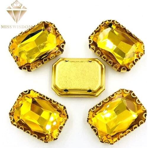 NEW Hot 8X10/10X14/13x18mm sew on rhinestones Gold yellow Rectangle gold base lacy shape claw glass rhinestones Diy accessories
