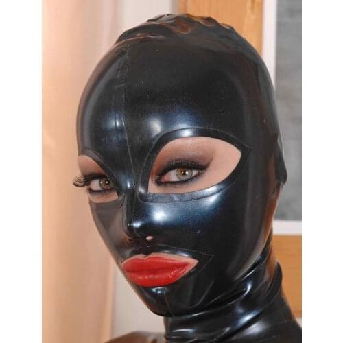 Sexy Black Full Face Natural Latex Hood Mask Fetish Open Eyes Mouth with Back Zipper
