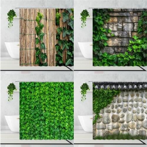 Green Leaf Retro Brick Wall Shower Curtains Summer Idyllic Window Scene Flowers Plants Home Decor Waterproof Bath Curtain Screen