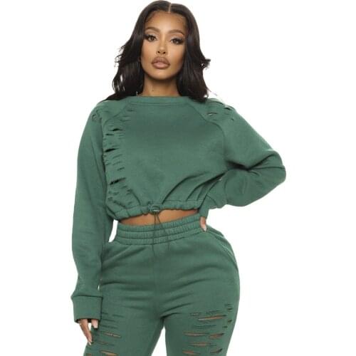 Dark Green Women Tracksuit With Slit Hole Sports Cropped Suit Sweatsuit And Sweatpants Two Pieces Sets Jogging Set Sweatsuit
