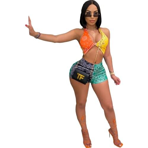Fashion Streetwear Print 2 Piece Set Women 2021 New Sexy V Neck Backless Crop Top + Shorts Bodycon Club Two Piece Set Outfits