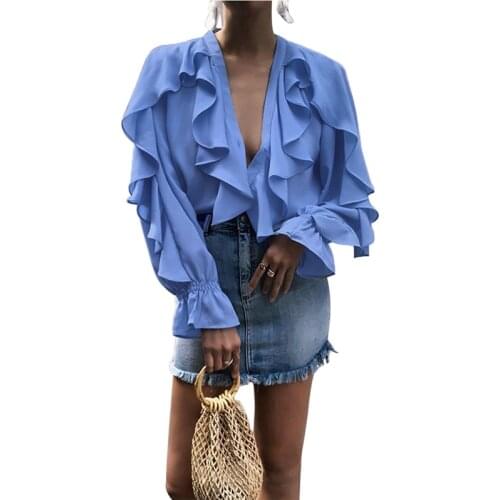 Dabourfeel Women Ruffles Chiffon Tops And Blouse Long Sleeve Deep v Neck Sexy Loose 2020 Autumn Elegant Shirts Boho