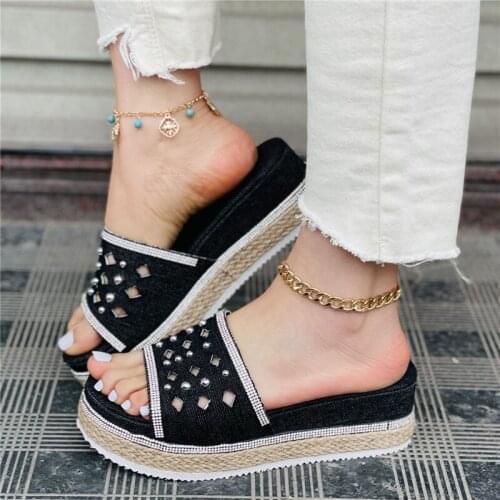Women Canvas Wedge Heel Slipper 2021 Ladies Peep Toe Rhinestone Women Casual Female Fashion Denim Beach Shoes Plus Size 43