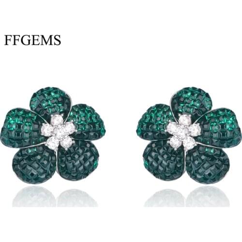 FFGems New Design 925 Silver Drop Big Earring Flower Created Nano Ruby Emerald Invisible Fine Jewelry Women Wedding Party Gift
