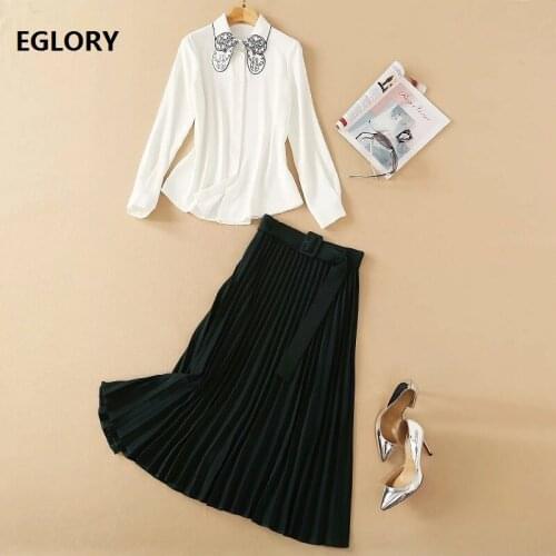 Top Quality Womens Set 2021 Spring Summer Runway Skirt Suit Woman Embroidery White Shirts+Pleated Dark Green Skirt Set 2 Piece