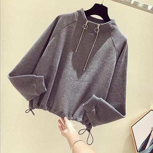 Women Stand-up Collar Solid Color Loose Coat Pullover Drawstring Half Zip Tops Womens Clothing женская куртка femme veste 2020