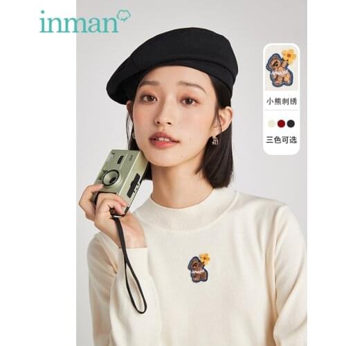 INMAN Autumn Winter Knitted Top Women Cute Sweet Embroidery Half-Height Collar Design Casual Simple Female Pullover