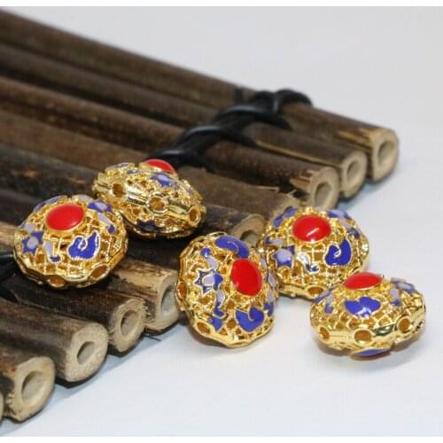 15mm free shipping elegant round cloisonne accessoried spacers beads 5pcs gold-color enamel carved flower diy jewelry B2388