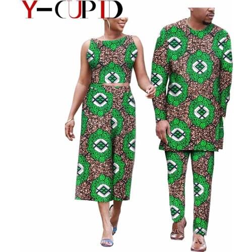African Clothes for Couples Women Ankara Print Crop Top and Pants Sets Matching Men Outfits 2 Pieces Long Shirt Suits YA19C001