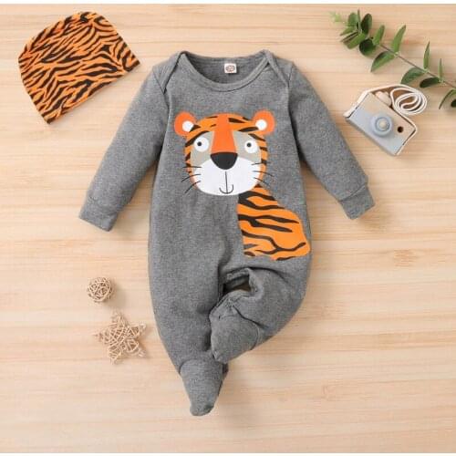 Cartoon Baby Footies Cute Tiger Print Toddler Boy Bodysuits Crawlers with Hat Overalls For Boy Animal Newborn Boy Clothes