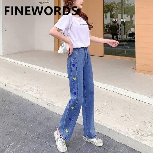 FINEWORDS Side Heart Embroidery Vintage Jeans Women Casual Loose Wide Leg Jeans High Waist Korean Blue Washed Plus Size Jeans